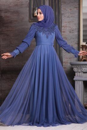 Tesettürlü Abiye Elbise - Üzeri Boncuk Işlemeli Indigo Mavisi Tesettür Abiye Elbise 21780ım EGS-21780