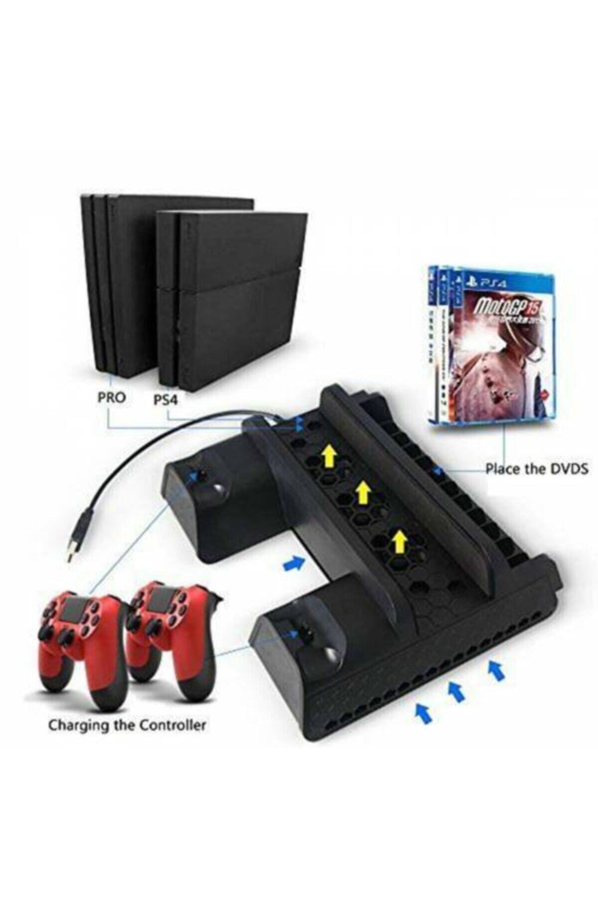 Playstation4 Slim Ps4 Pro Uyumlu Fanlı Stand Ve Oyun Kolu Usb Şarjlı Ps4 Şarj Standı Multifunctional 3