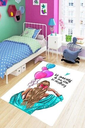 Genç Kız Balon Desen Renkli Dijital Baskı Yıkanabilir Kaymaz Taban Kız Çocuk Odası Halısı BLT-P-367