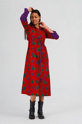 Divitin Pazenden Çiçekli Beli Bağcıklı Kapşonlu Fermuarlı Uzun Kışlık Elbise 175100