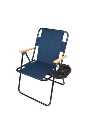 Katlanır Ahşap Kolçaklı Kamp Plaj Bahçe Sandalyesi -lacivert- Bardaklık Aparatlı SYH-KS-LCVRT