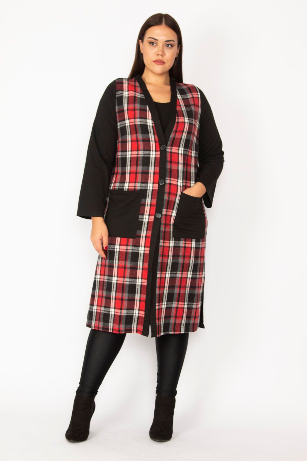 Şans-Women's Large Size Red Plaid Patterned Button-Front Cap with Pockets 65n28487 3