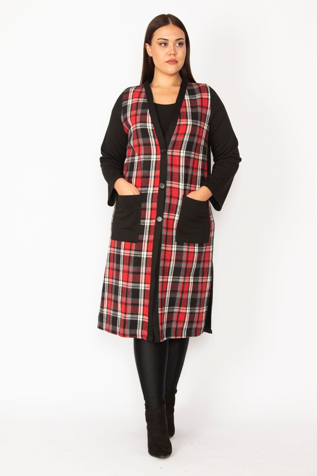 Şans-Women's Large Size Red Plaid Patterned Button-Front Cap with Pockets 65n28487 4