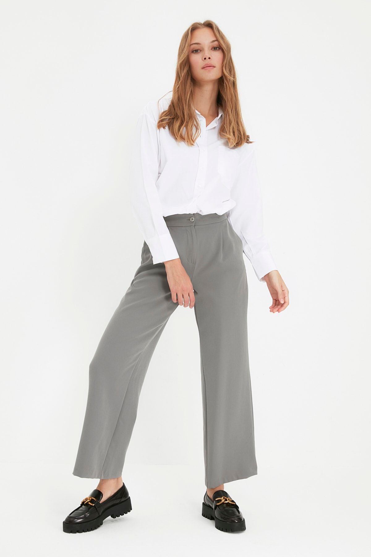 Petite grey wide outlet leg trousers