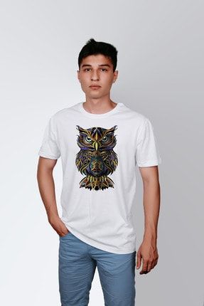Erkek Beyaz Baykuş Baskılı Standart T-shirt T4875422 4875422E