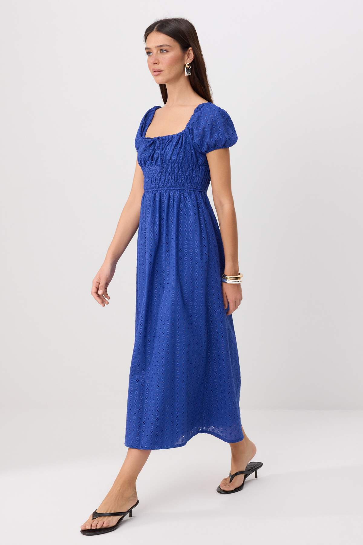 Trendyolmilla Saks Dokulu Balon Kol Maxi Dokuma Elbise TWOSS26EL00683
