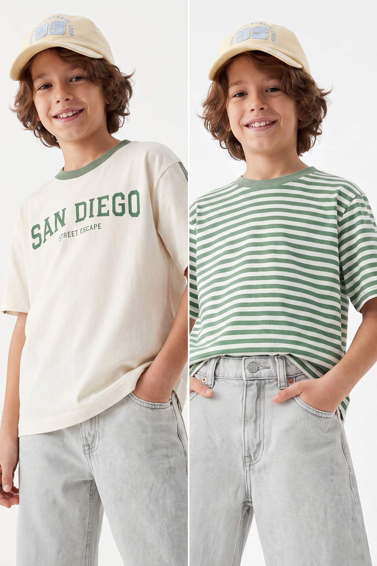 TRENDYOLKIDS Ecru-Green 2-Pack Boys' Striped Knitted T-Shirt Tkdss26Ts00037