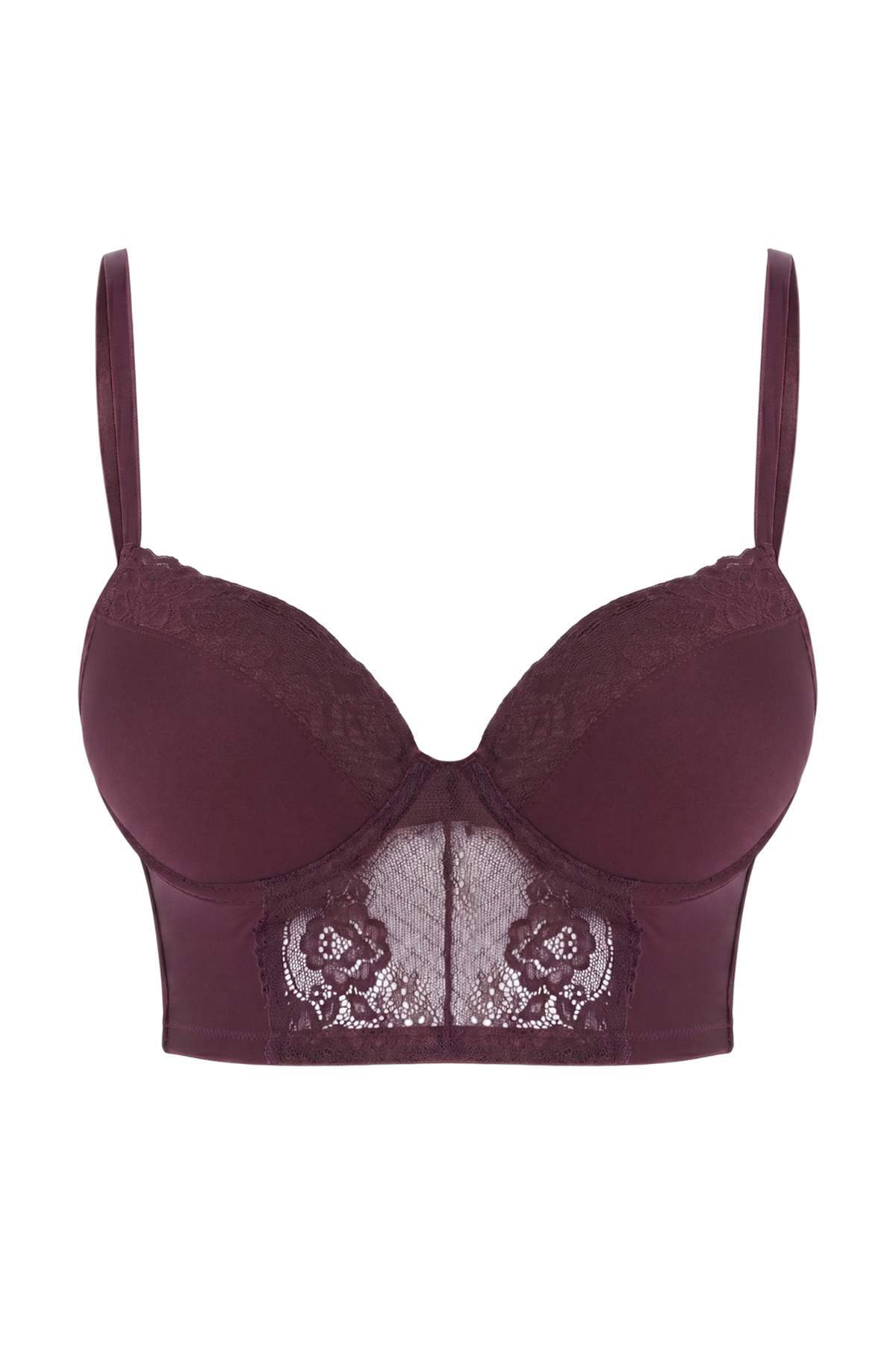 Trendyolmilla Bordo Micro Dantelli İp Askılı Ekstra Dolgulu/Push-Up Büstiyer Örme Sütyen THMAW24SU00022