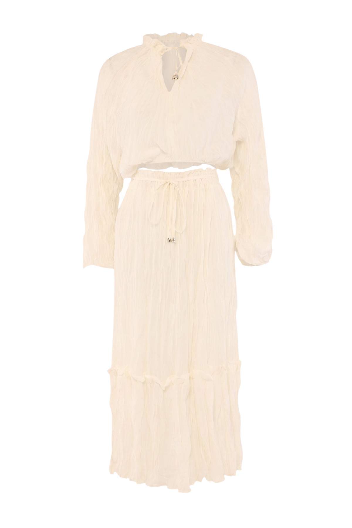 Trendyolmilla Beyaz Dokuma Maxi 100% Pamuk Plaj Bluz Pantolon Takım TBESS26AU00101