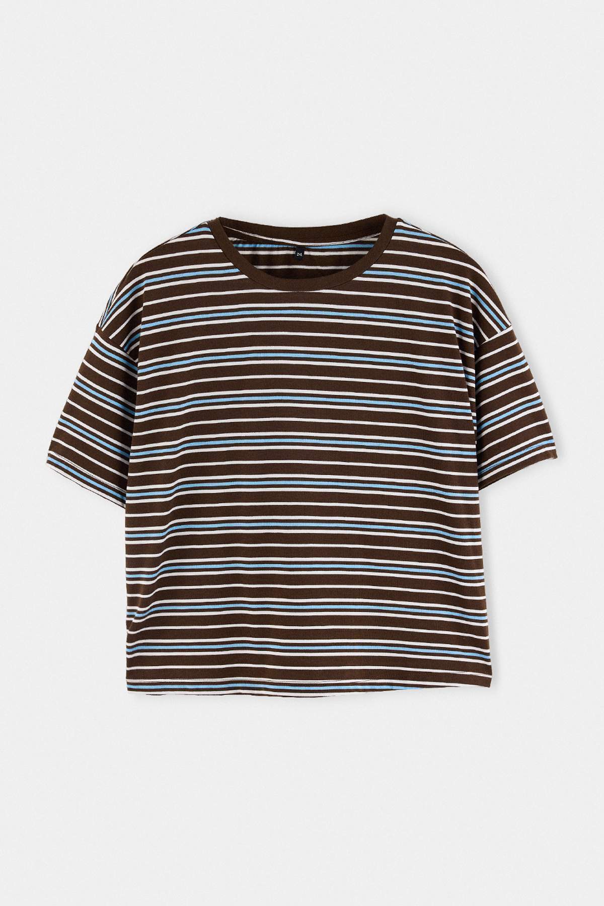 Trendyolmilla Curve Kahverengi Çizgili Oversize/Geniş Kalıp Kısa Kollu Uzun Tok Örme Büyük Beden T-Shirt TBBSS26BF00094