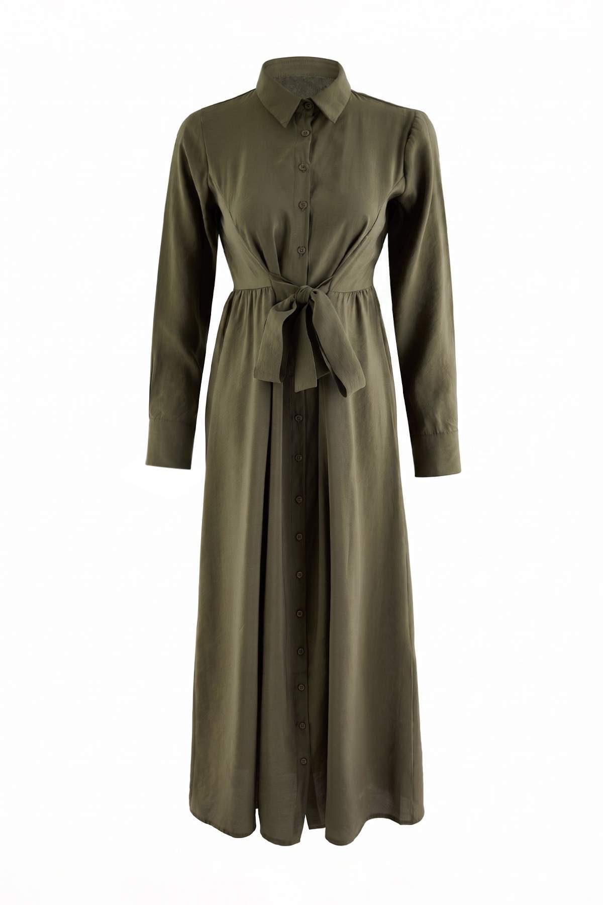 Trendyolmilla Modest Haki Bağlama Detaylı Maxi Dokuma Tesettür Gömlek Elbise TCTAW27EB00034
