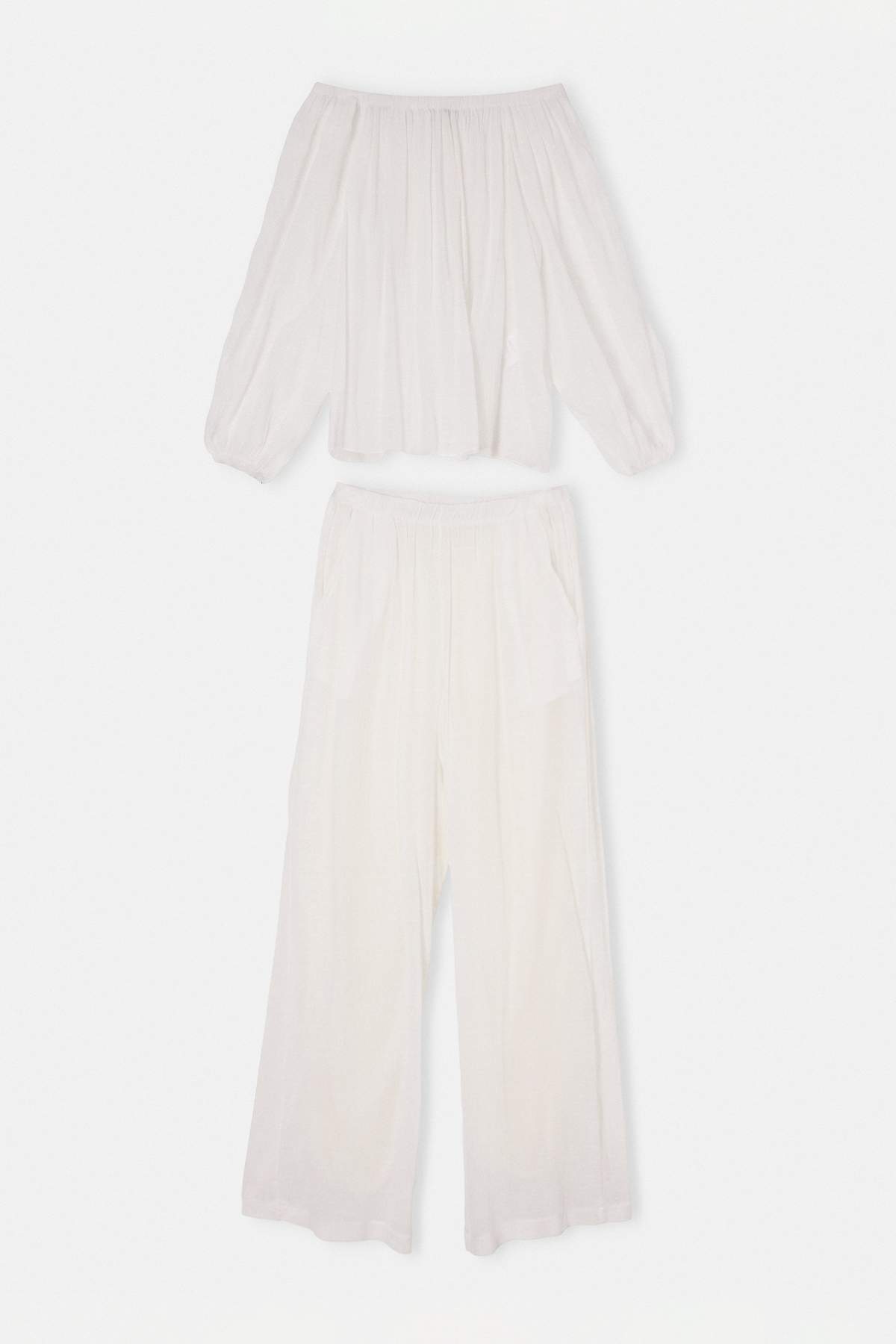 Drop by Trendyolmilla Ekru Madonna Yaka Transparan Bluz Belden Lastikli Cepli Astarlı Pantolon Takım TDRSS26AU00082