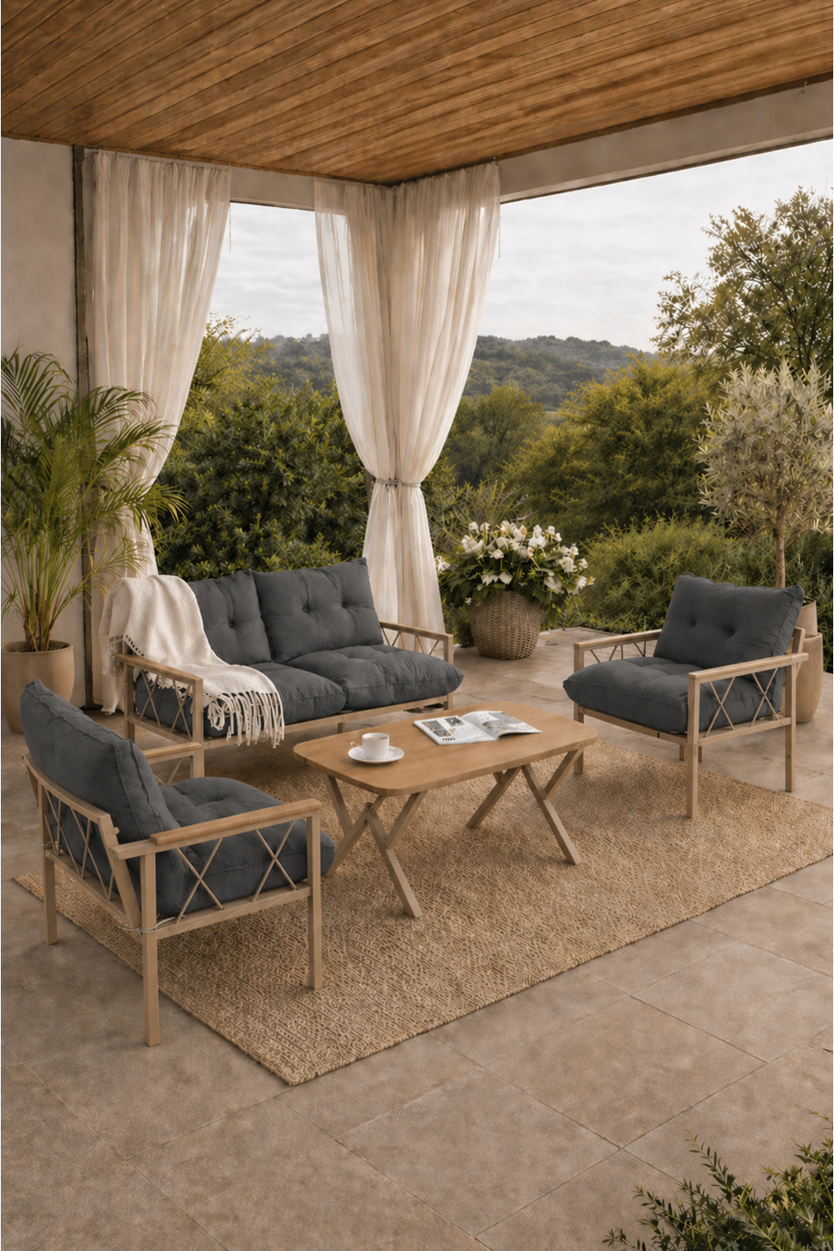 Miray Cappuccino 211 Table Gray Zipper Buttoned Garden Seating Group Balcony Seating Set Living Room