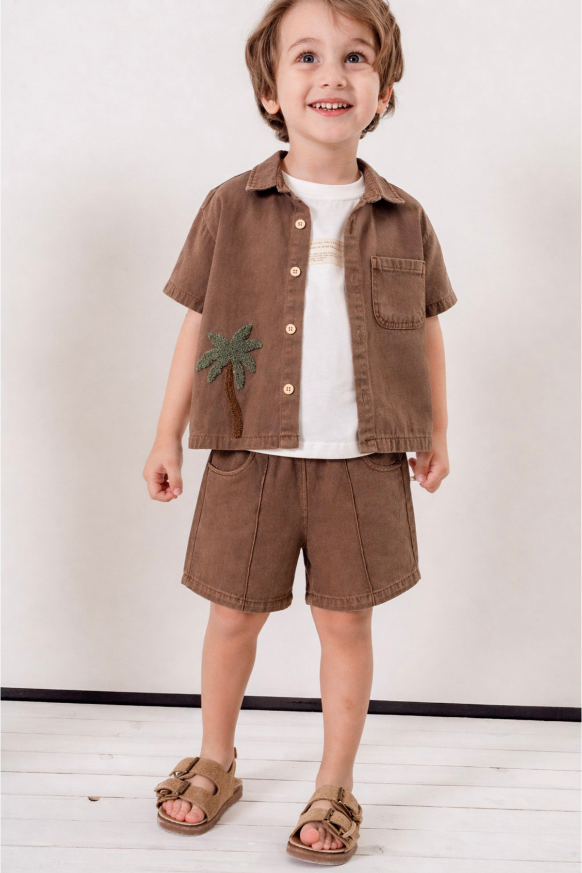 Palm Embroidered Short Sleeve Shirt Shorts 3pcs Boys Set 3702