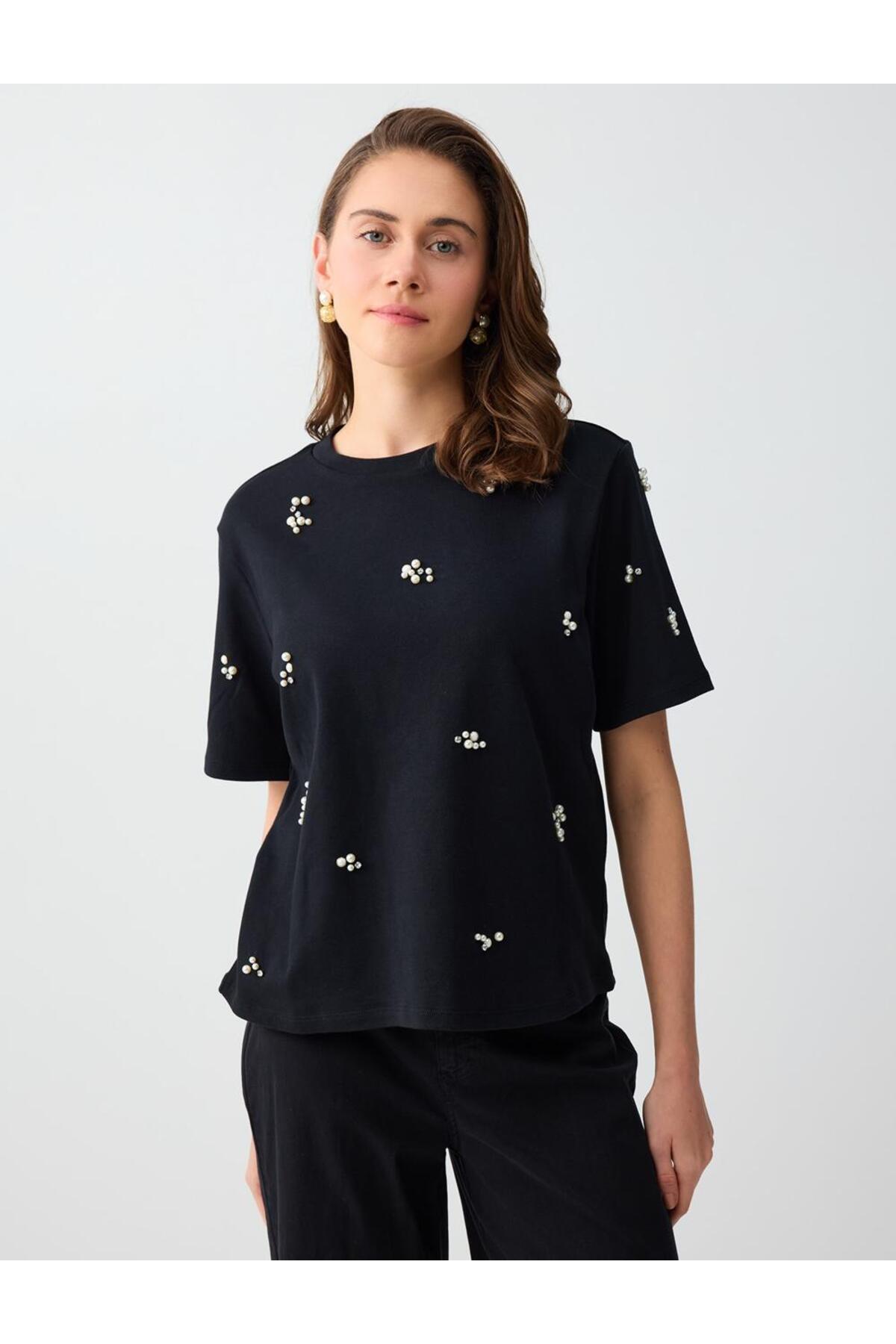 Jimmy Key Black 100% Cotton Crew Neck Short Sleeve Pearl Knitted T-Shirt