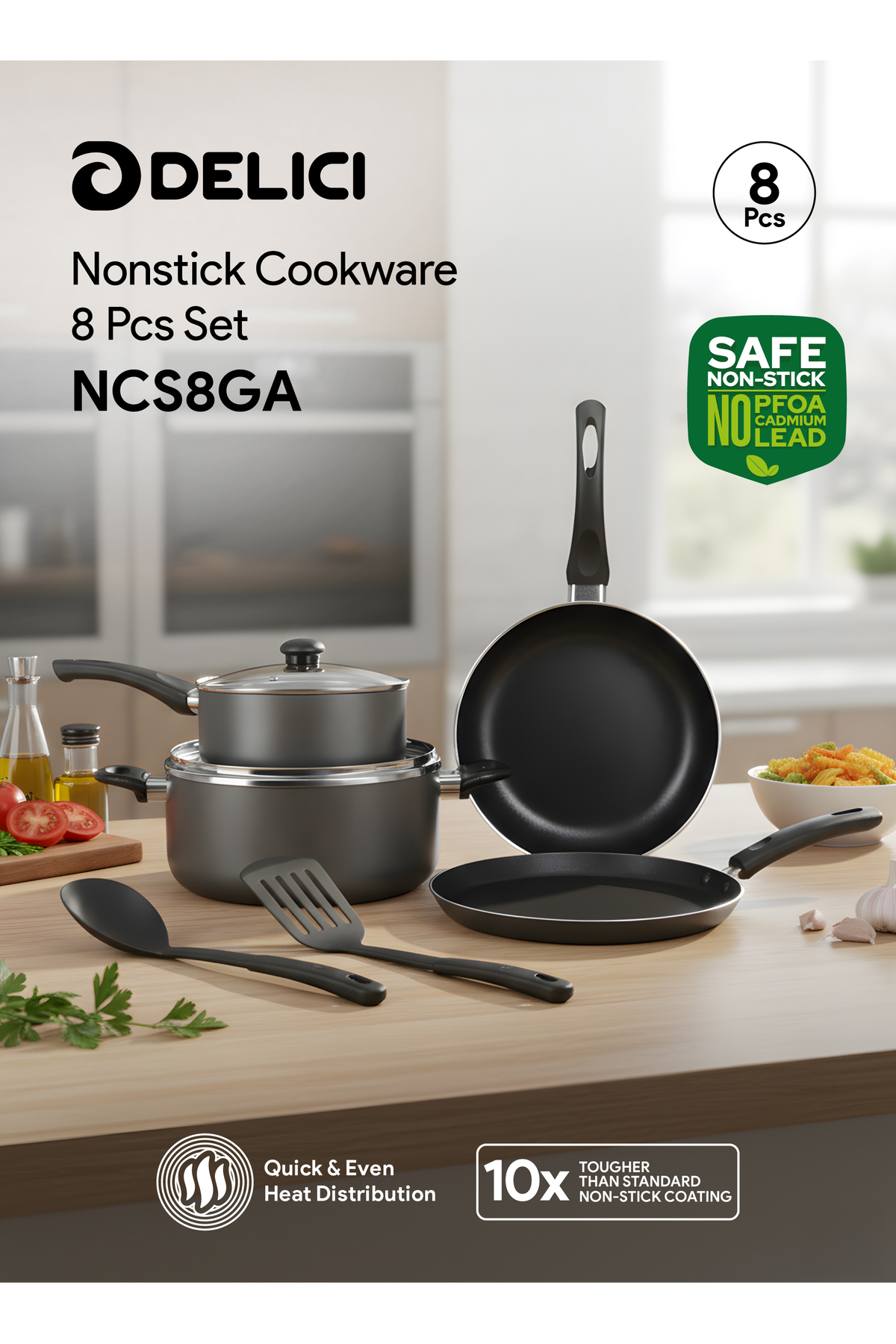 DELICI DELICI 8 Pcs Nonstick Cookware Set, 10X Tougher Coating, Quick Heat, G...
