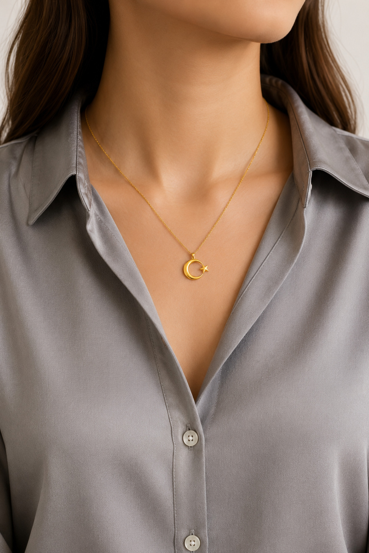 ÇEKİRDEK JEWELRY Işıklı Hediye Kutulu 925 Ayar Gümüş Ay Yıldız Kolye, Gold Kaplama Parlak Şık Tasarım görsel 4