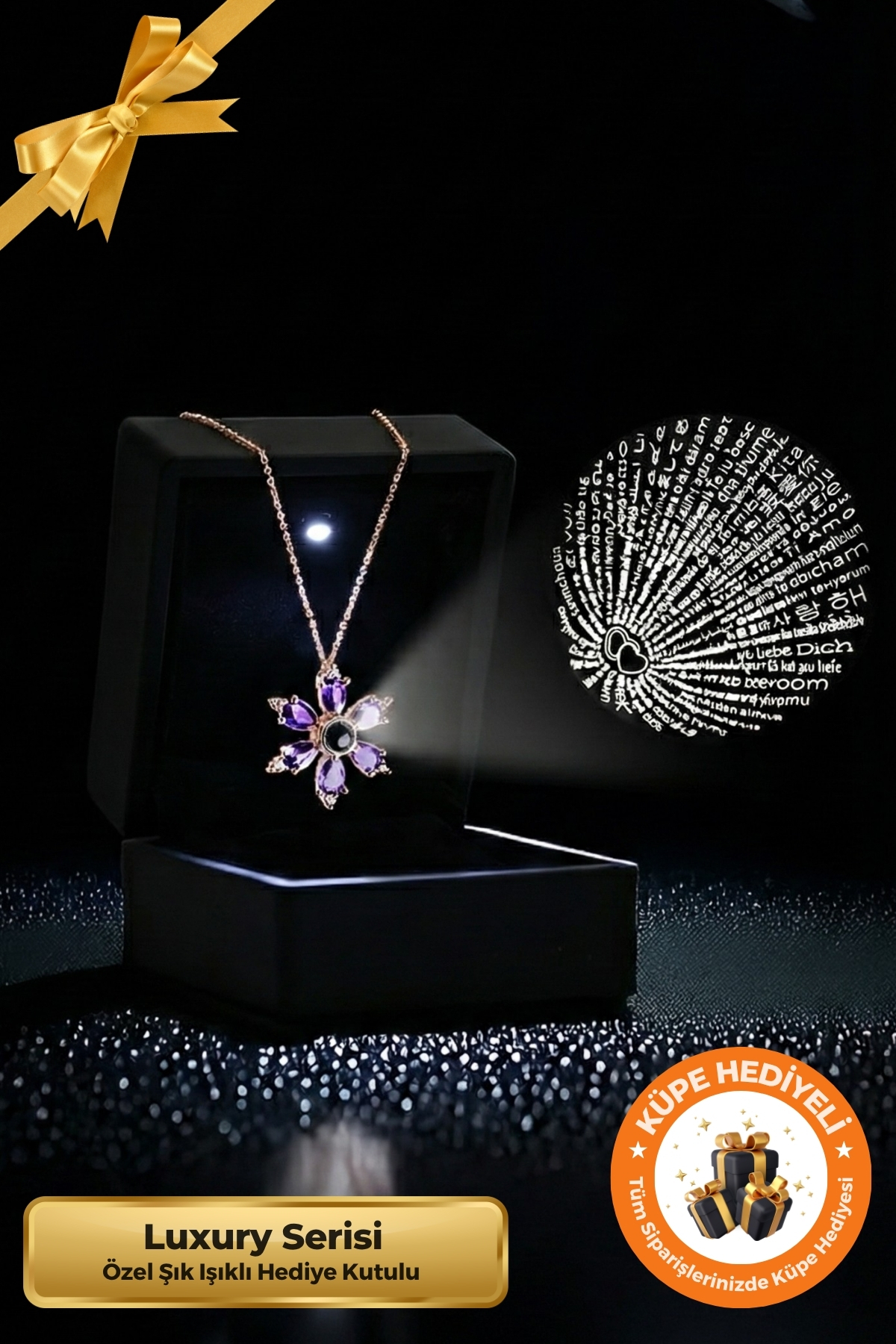 Lucente Jewellery Işıklı Hediye Kutulu 925 Ayar Luxury Serisi 100 Dilde Seni Seviyorum Yazan Gümüş Özel Gün Hediyesi Projeksiyon 45 Cm Zincirli Sonsuz Aşk Simgesi Küpe Hediyeli Mor Kamelya Lotus Çiçeği Kadın Kolye