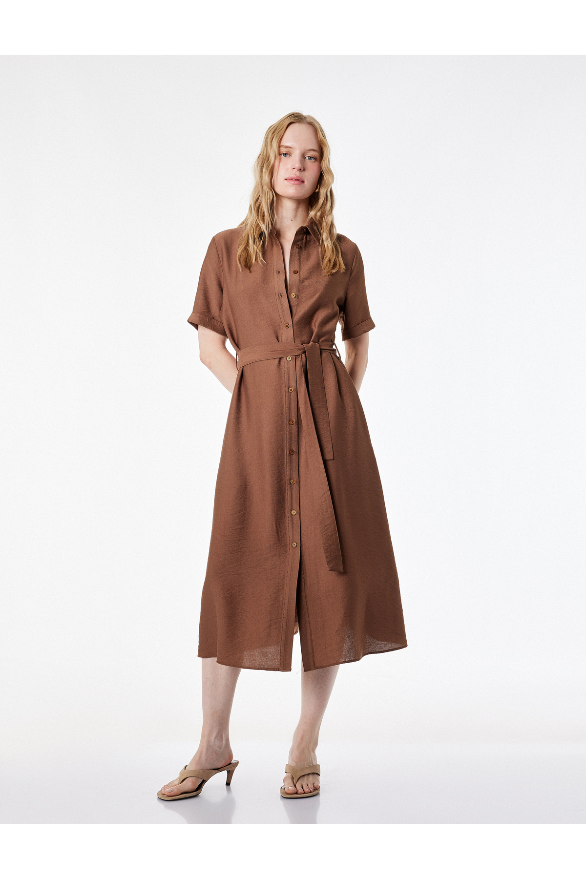 Koton Comfortable Fit Viscose Fabric Buttoned Belted Short Sleeve Shirt Dress