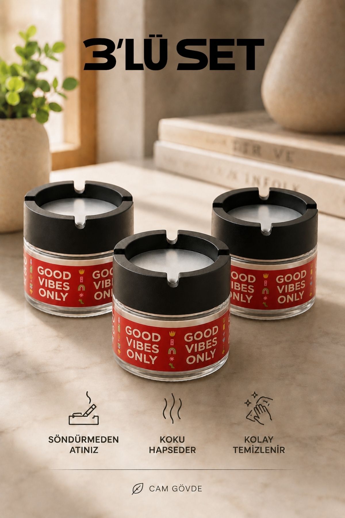 Good Vibes 3 Pieces Glass Unscented Ashtray | Odor Trapping Cover | Anti-Wind Cover | Suitable for Vehicle and Home Use | Red | 300 ML