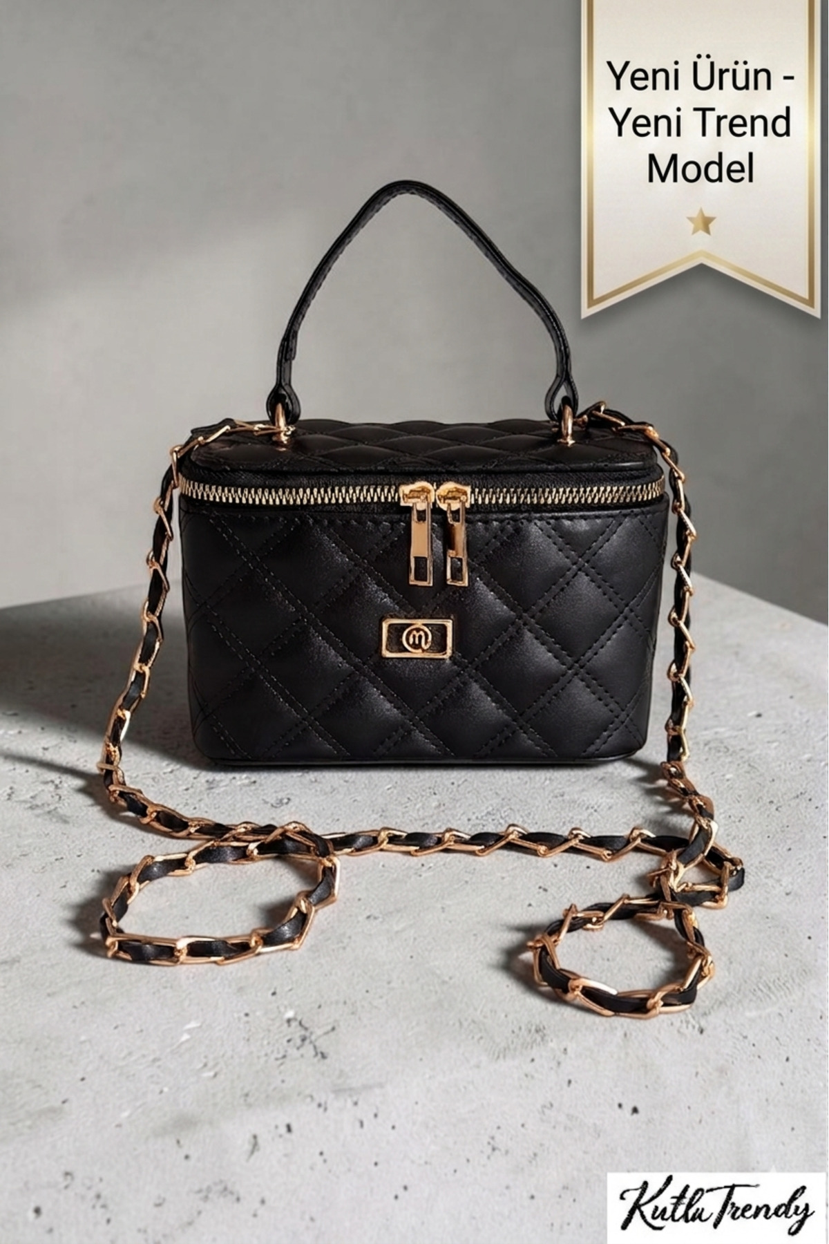 Women's Black Mini Box, Quilted Patterned Chain Strap Crossbody and Handbag