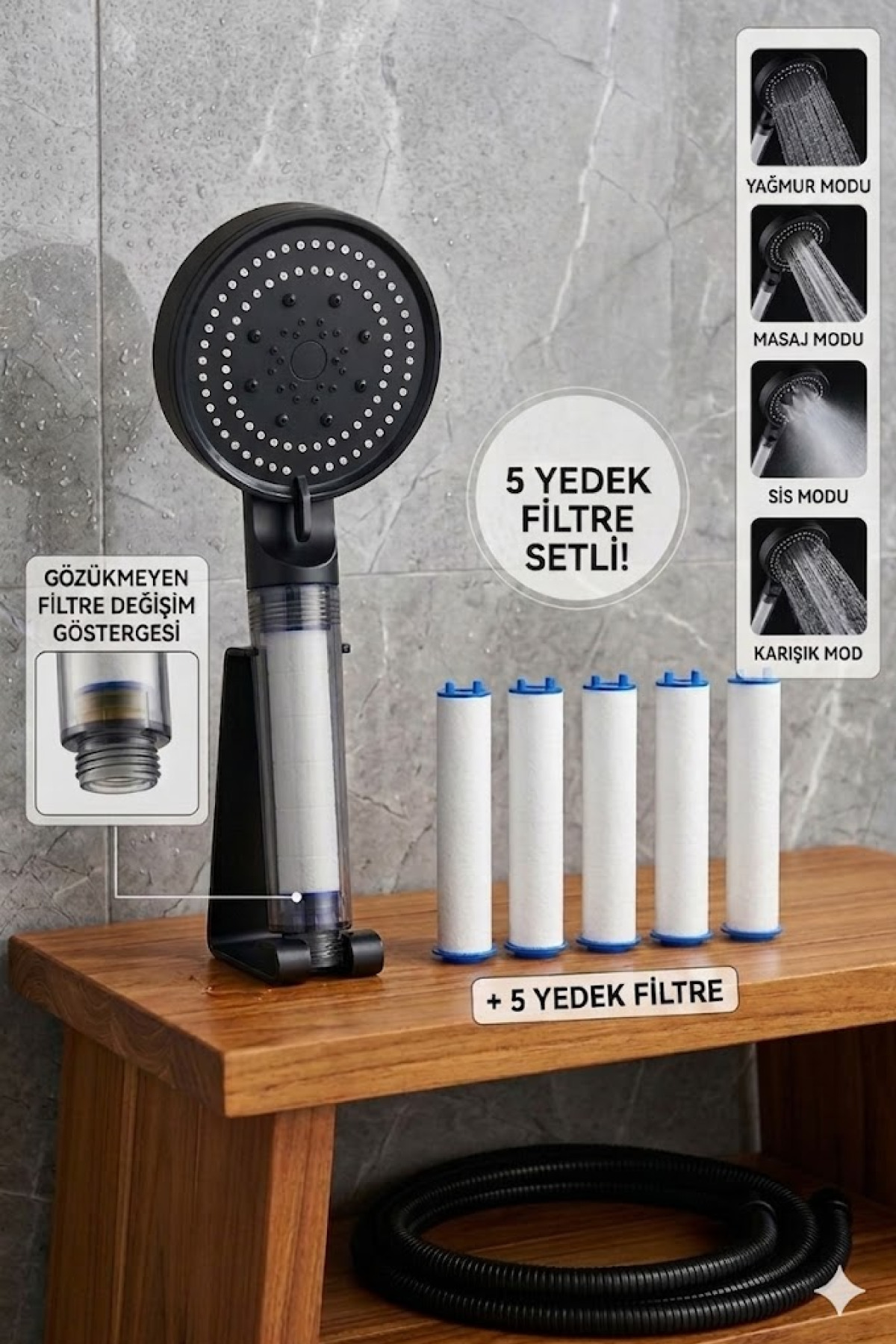 Shower Head with Filter 5 Replacement Filters | Water Treatment, Chlorine and Lime Preventive, High Pressure