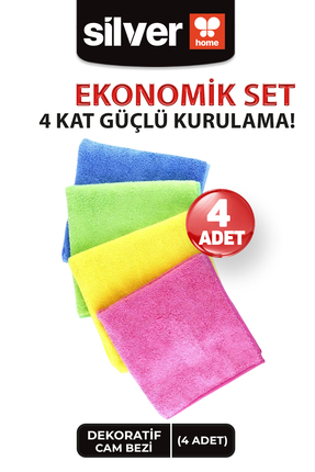 SİLVER HOME Süper Emici 235 Kalite 40x40cm 4lü Mikrofiber Kurulama Bezi - Asorti