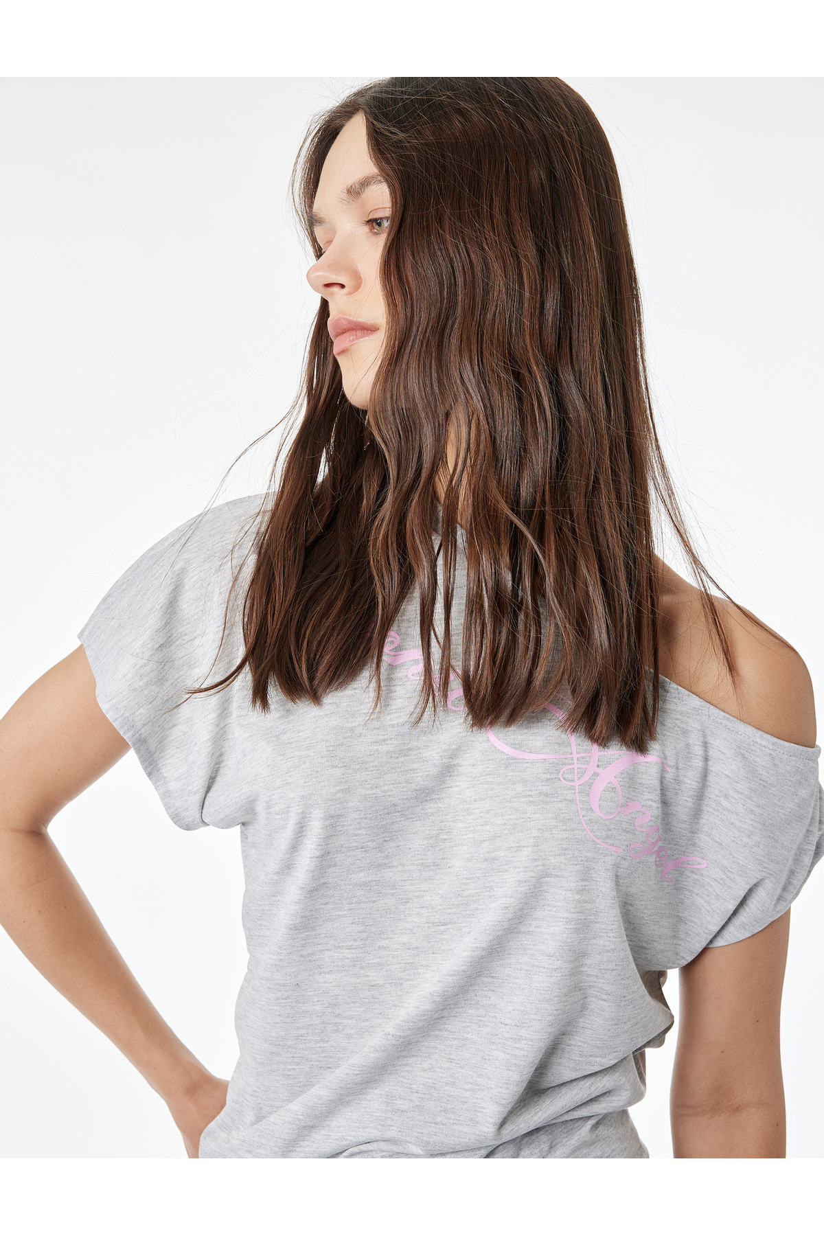 Koton Viscose Blended Slim Fit Short Sleeve Off-The-Shoulder Printed T-Shirt