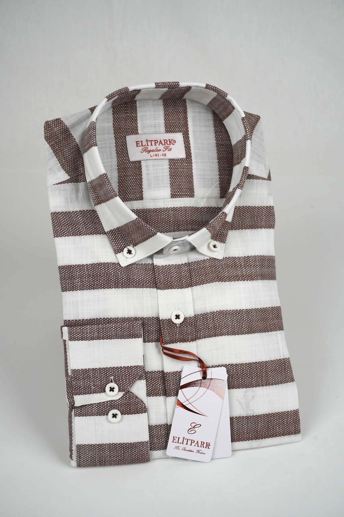 Men's Dark Brown-White Striped Buttoned Neck 100% Cotton Long Sleeve Shirt