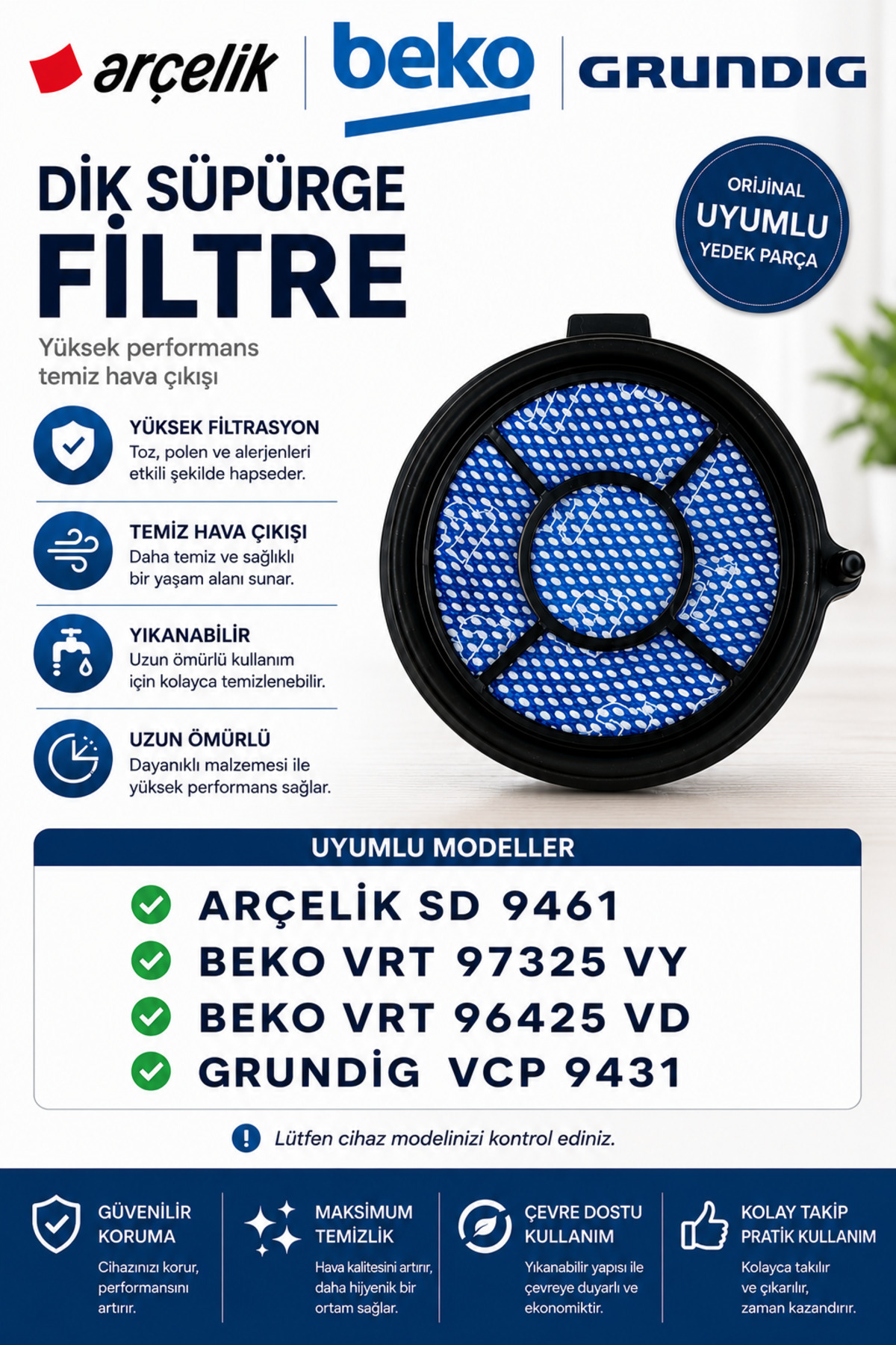 ÖZ BEYAZ EŞYA Grundig VCP-8331 ŞARJLI DİK SÜPÜRGE FİLTRESİ