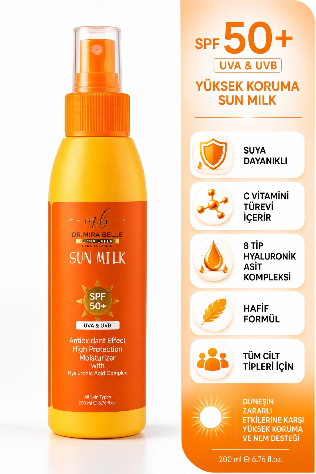 Dr. Mira Belle Derma Expert SPF 50+ Güneş Koruyucu Sun Milk 200 ml, Beyaz İz Bırakmayan Su Bazlı Hafif Dokulu C Vitaminli ve Hyaluronik Asitli Güneş Sütü — DDE.09.002
