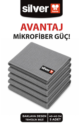 SİLVER HOME Mikrofiber Extra Kalın 40x40cm 5li Baklava Desen Cam Temizlik Bez...