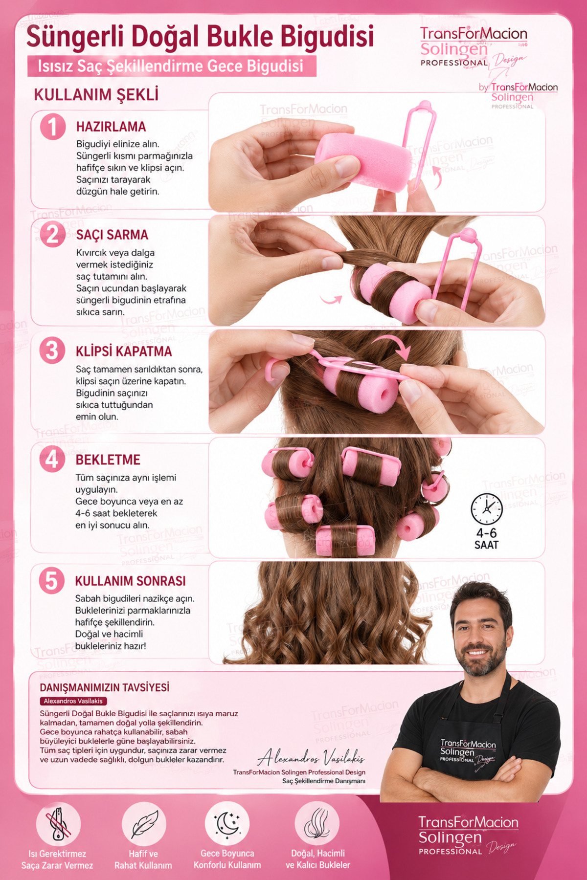 Transformacion Süngerli Gece Bigudisi Isısız Saç Şekillendirme Doğal Bukle Bigudisi 3 Cm 20 Adet 719759 görsel 3