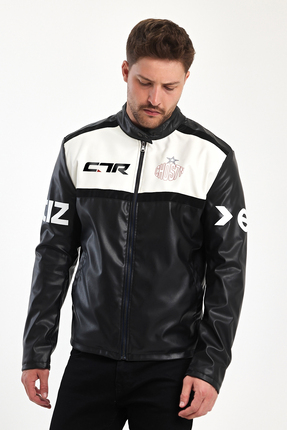 Black Level Erkek Oversize Transfer Baskılı Motorcu Biker Ceket Yarışçı Kolej...