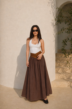 shop Kırışık Model Kadın Kahverengi Vual Kumaş Beli Lastikli Uzun Astarlı Etek