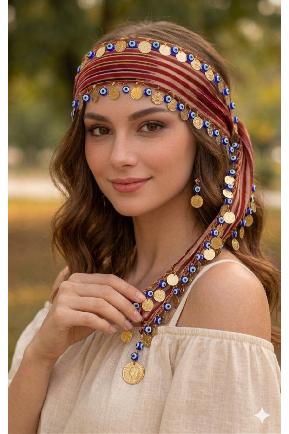 ASYA PAZARLAMA Karadeniz Bandana, Dolu Nazar Boncuklu Ve Liralı Keşan, Fular, Şal, Saç Bandı, Bandana, Puşi görsel 3
