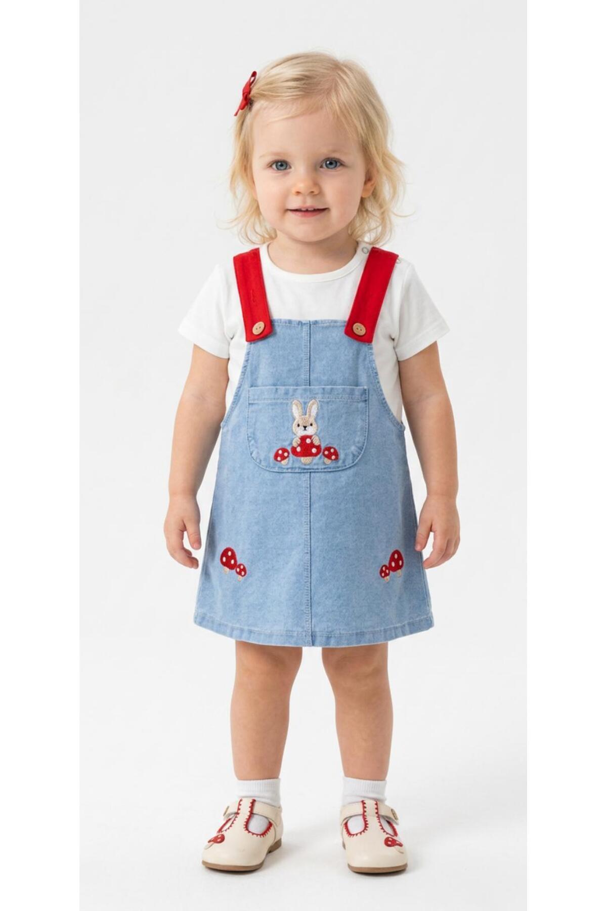 Rabbit Mushroom Embroidered Knitted Jeans Fabric Dungaree and T-Shirt 2pcs Holiday Set