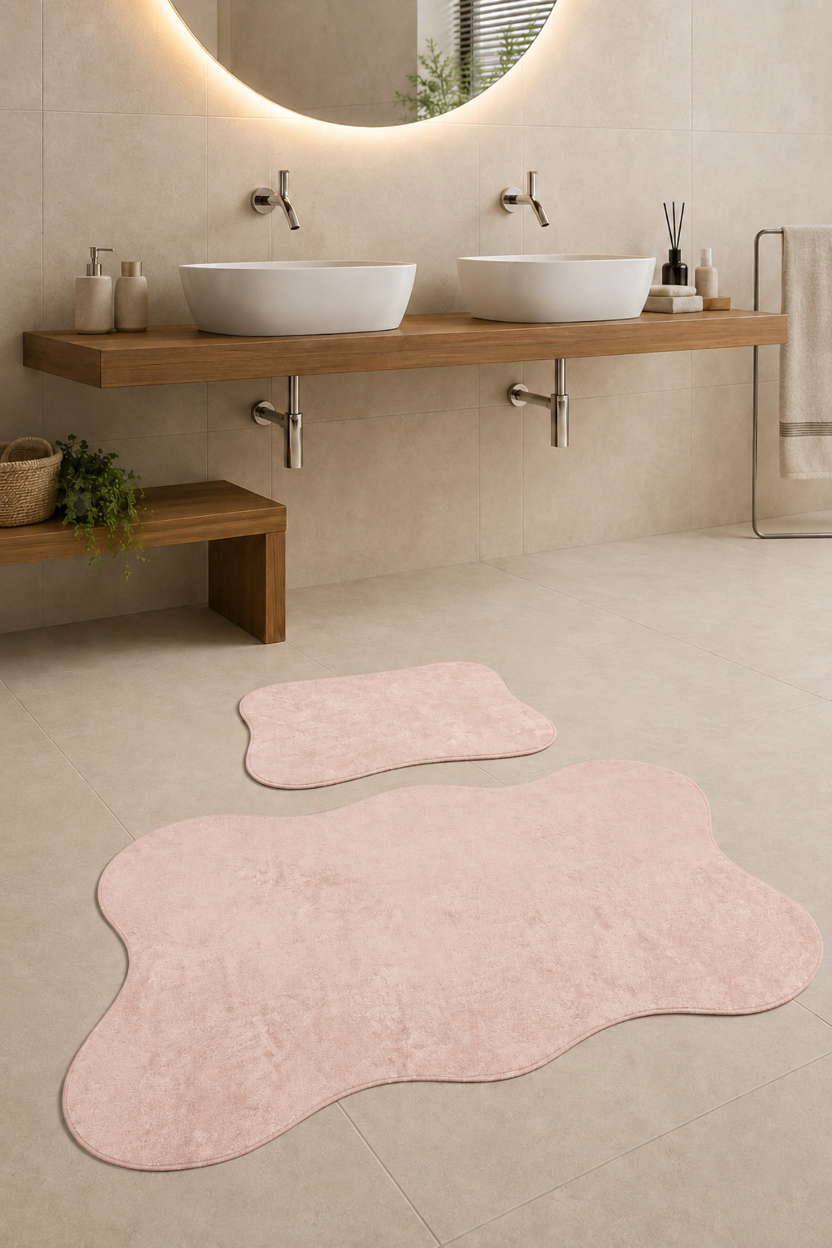 Anatolia 2-Piece Powder 80x140 50x70 Cm Large Size Bath Mat Set Non-Slip Base Toilet Set