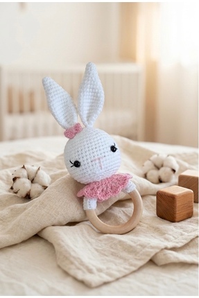 Taze Kal El Yapımı Ahşap Halkalı Amigurumi Tavşan Diş Kaşıyıcı Çıngırak - Org...