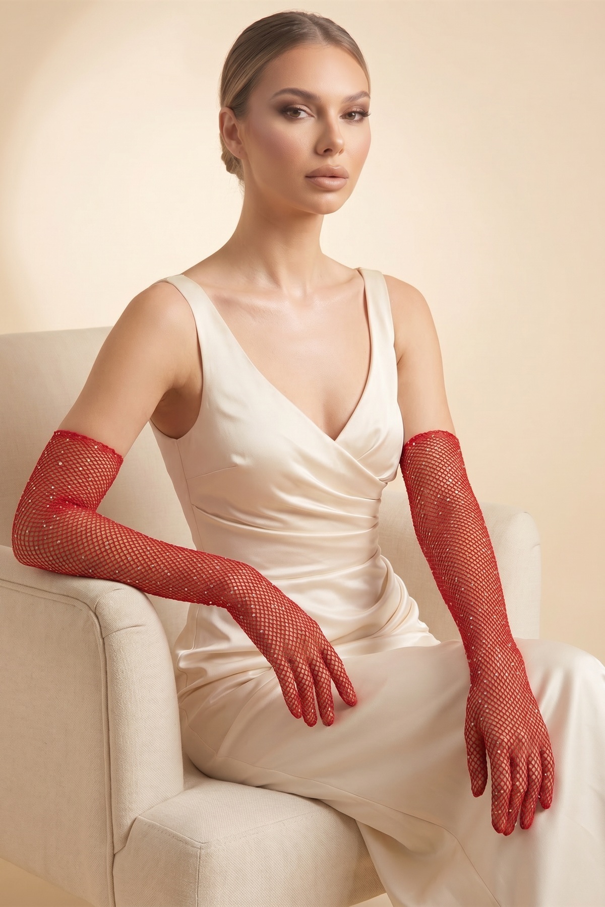 Elegance Scarf Uzun File Taşlı Eldiven Kırmızı Abiye Davet Gece Parti Söz Kına Nişan Mezuniyet görsel 8