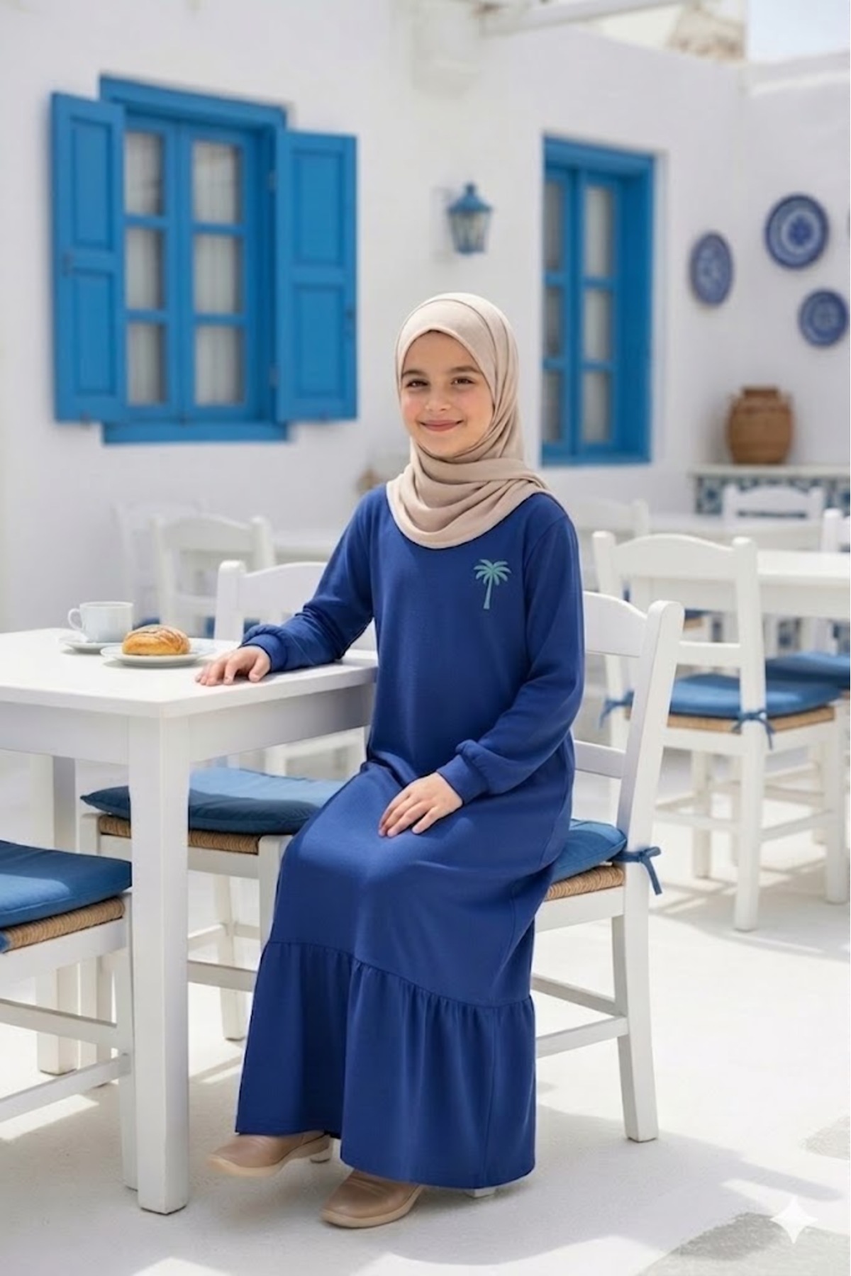 Angel&Co. Girls Clothing Kız Çocuk Mavi Uzun Kollu Maksi Tesettür Penye Elbise