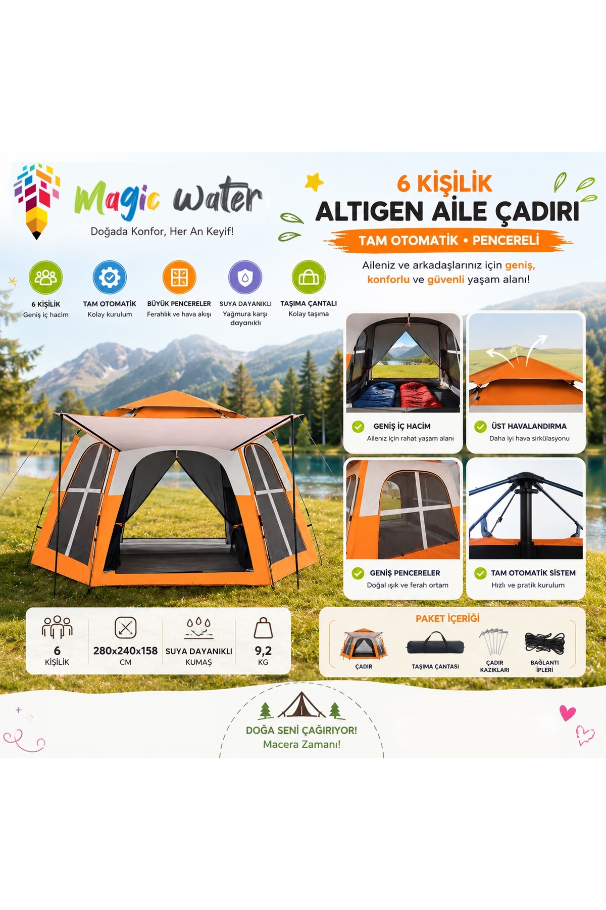 Family Camping Tent with Hexagon Full Automatic Window for 6 People 280x240x158 Orange