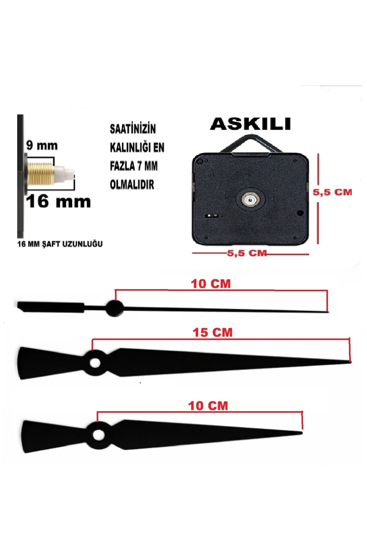 Clock Machine, 16 MM SHAFT Mite Silent Wall Clock Mechanism, Scorpion-Yelkovan-Seconds - (STRAPPED)