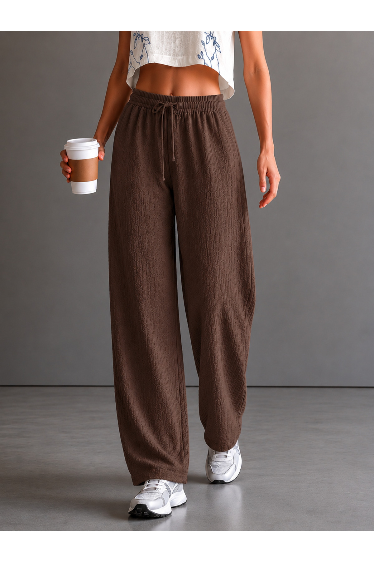 dont quıt Women's Coffee-Colored Wrinkled Fabric Comfortable Fit Pants