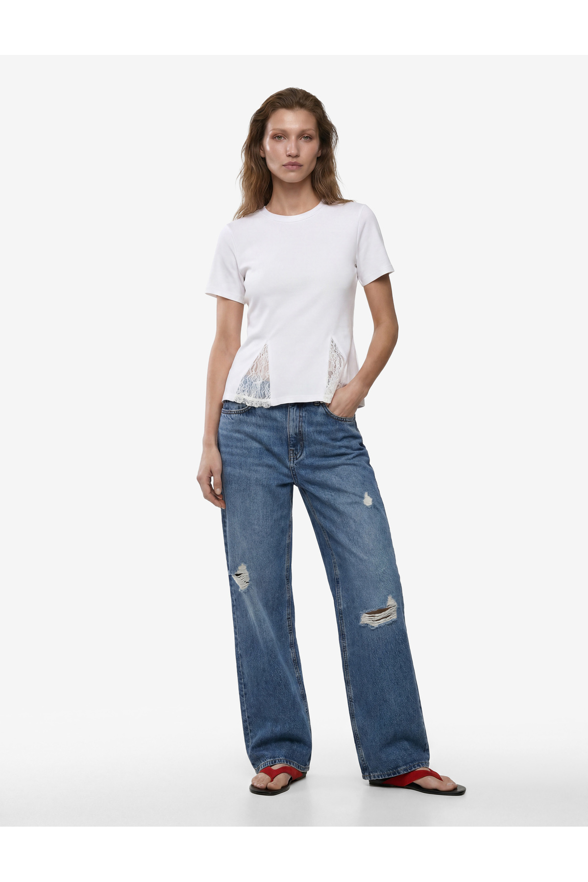 Koton Cotton Slim Fit Short Sleeve Crew Neck T-Shirt with Lace Detail and Voluminous Peplum Cut
