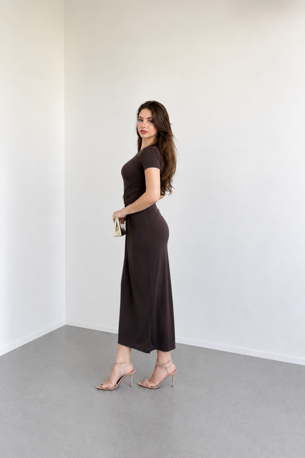 Nika Fashion  Meloni Kısa Kollu Aksesuarlı Sandy Elbise - Görsel 2