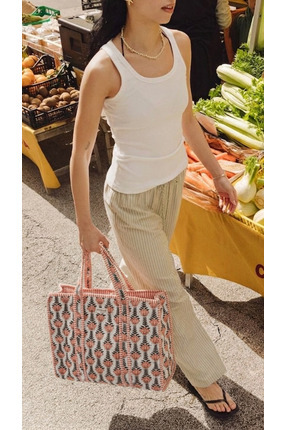 Strippe Çiçek Desenli Pamuklu Kumaş Sarı Günlük Omuz Çantası - Tote Bag