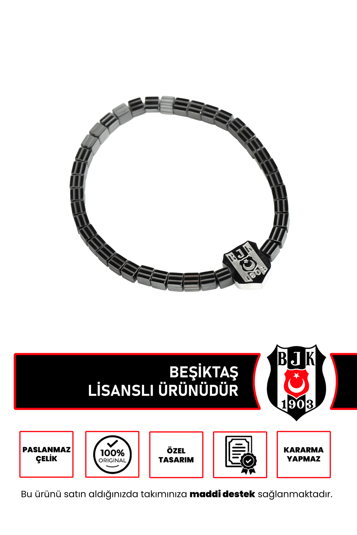 Beşiktaş Bjk Unisex Kare Hematit 4 mm Doğal Taş Metalik Gri Çelik Logolu Bileklik