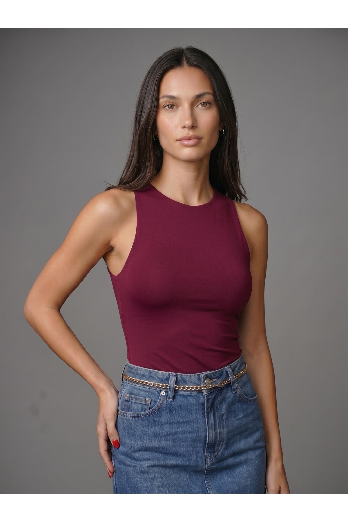 Kadın Bordo Halter Yaka Slim Fit Likralı Bodysuit Günlük Şık Çıtçıtlı Body 4