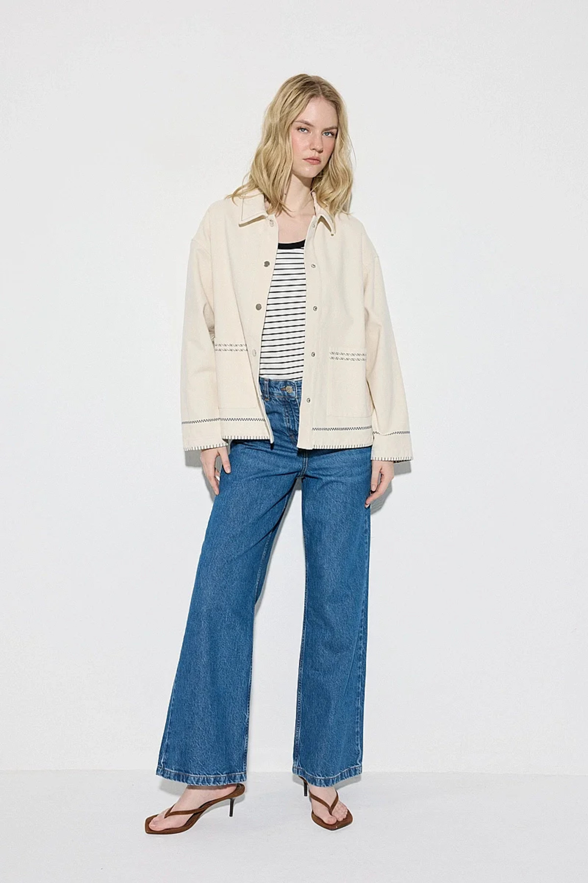 Gusto Nakışlı Kanvas Denim Ceket - Ekru görsel 4
